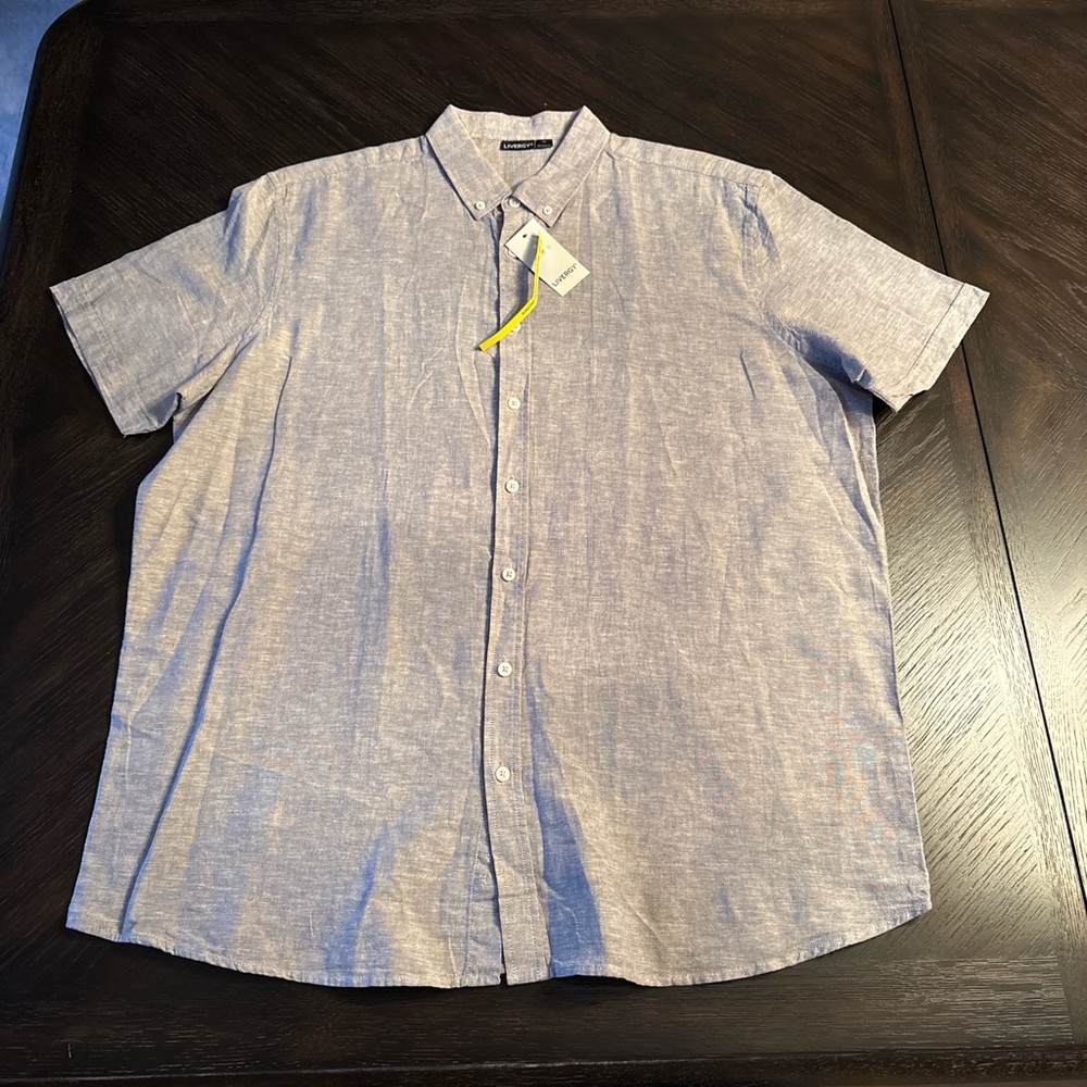 Men's Linen Blend Gray Button-Up Short Sleeve‎ Shirt NWT